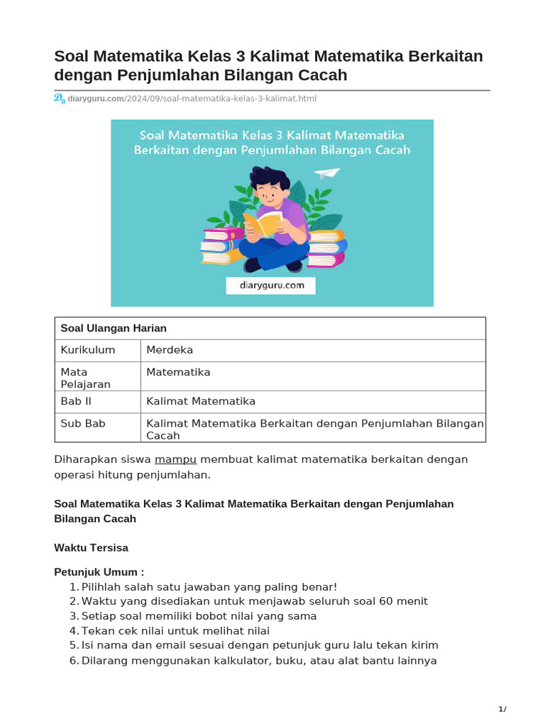 Soal Kalimat Matematika Kelas 3 PDF Soal Kalimat Matematika Kelas 3 PDF