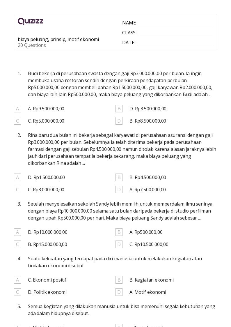 50 lembar kerja Biaya Peluang untuk Kelas 10 di Quizizz Gratis 50 lembar kerja Biaya Peluang untuk Kelas 10 di Quizizz Gratis