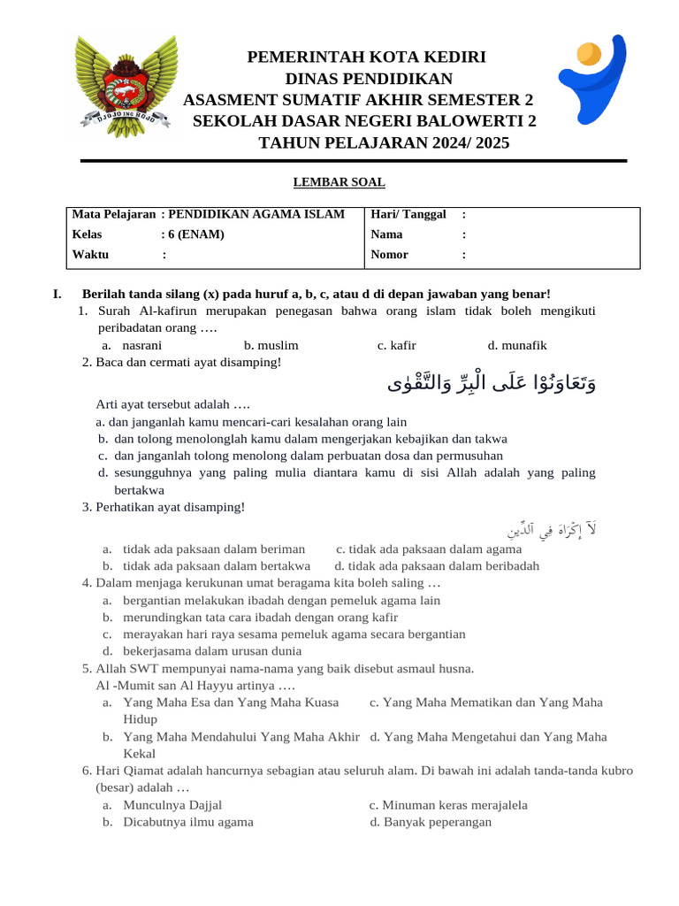 Ujian Agama Islam Kelas 6 SD 2024 2025 PDF Ujian Agama Islam Kelas 6 SD 2024 2025 PDF