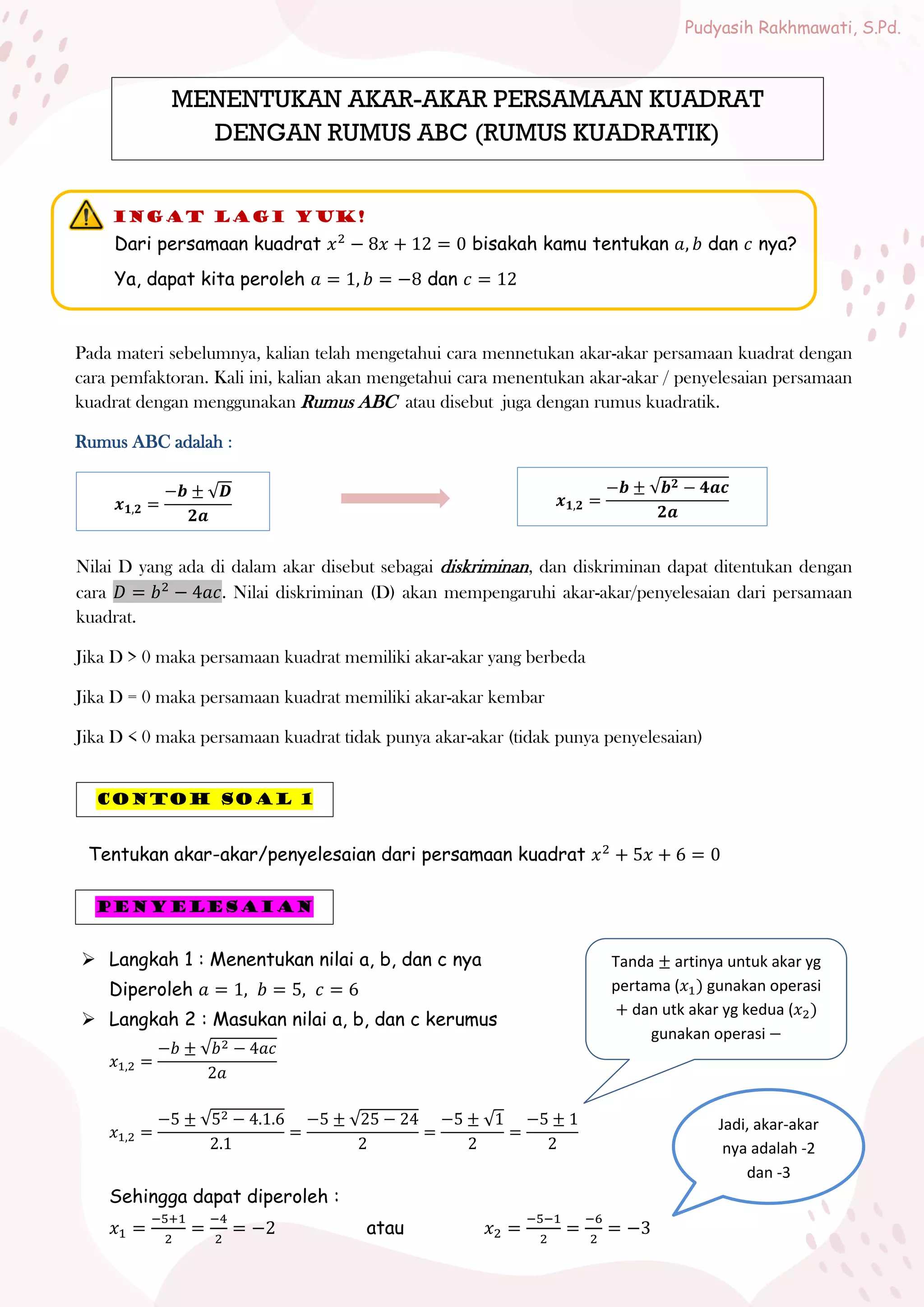 Akar-akar Persamaan Kuadrat Kelas 9 PDF