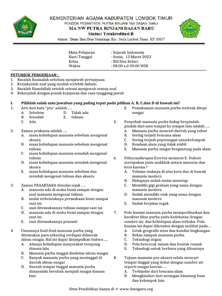 Soal Ujian Sejarah Indonesia Kelas XII PDF Soal Ujian Sejarah Indonesia Kelas XII PDF
