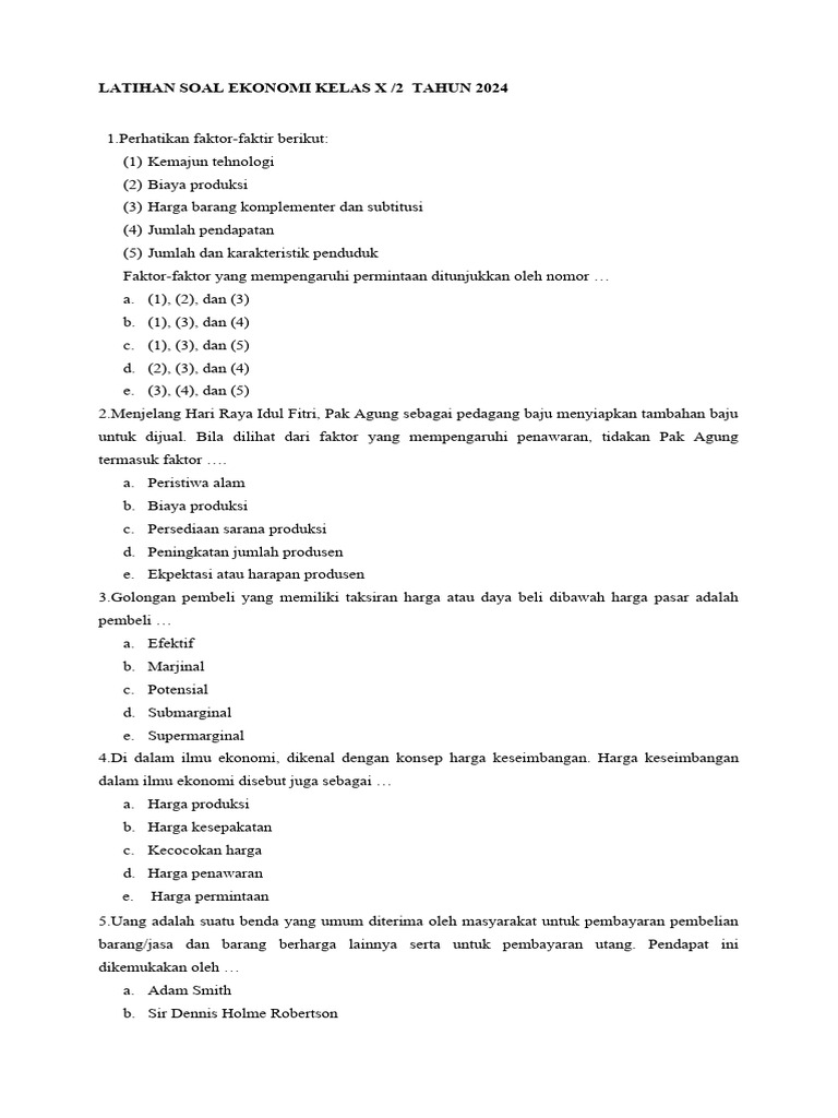 contoh soal ekonomi kelas 10 semester 1 bab 3