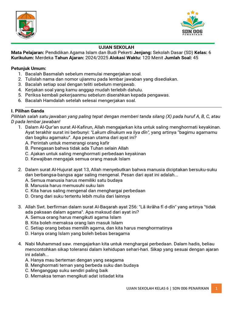 Ujian Sekolah Kelas 6 Pendidikan Agama Islam PDF Ujian Sekolah Kelas 6 Pendidikan Agama Islam PDF