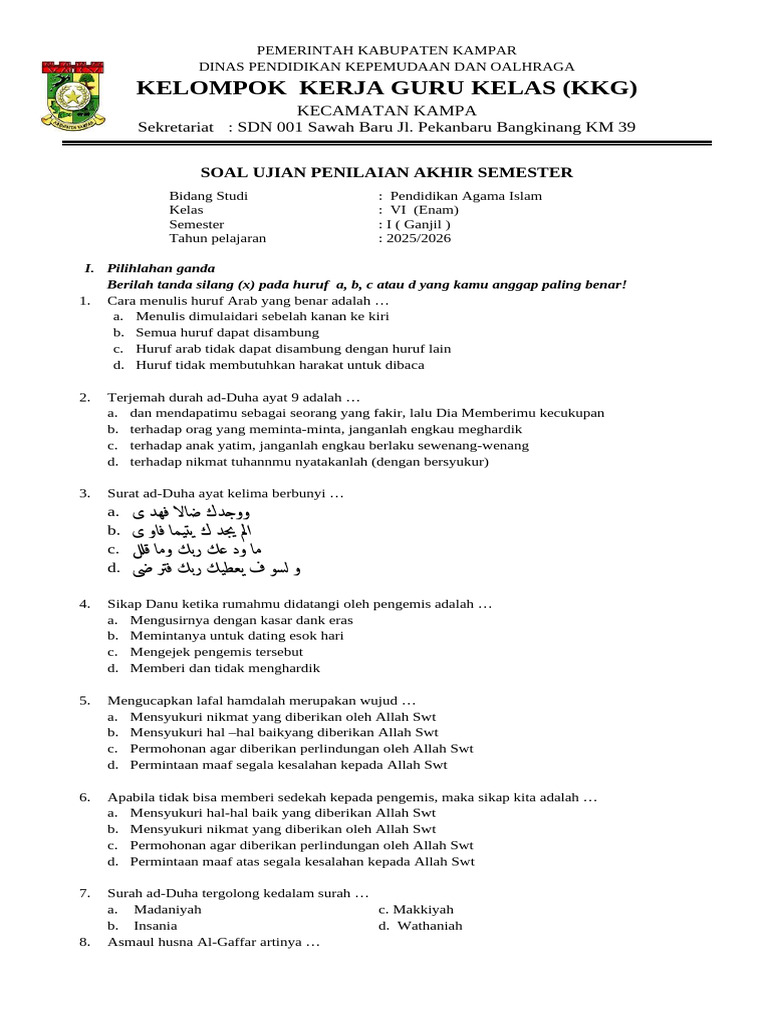 Soal Ujian Agama Islam Kelas VI 2025 PDF Soal Ujian Agama Islam Kelas VI 2025 PDF