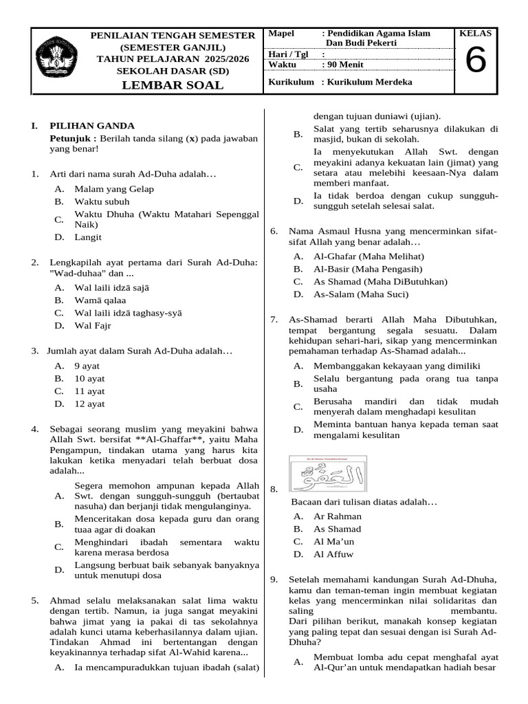 5 Bocoran Kunci Jawaban Ujian Sekolah Agama Islam Kelas 6 yang Wajib Diketahui