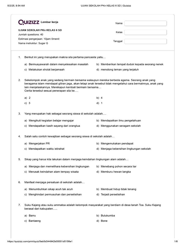 Ujian Sekolah PKN Kelas 6 SD - Quizizz PDF Ujian Sekolah PKN Kelas 6 SD - Quizizz PDF