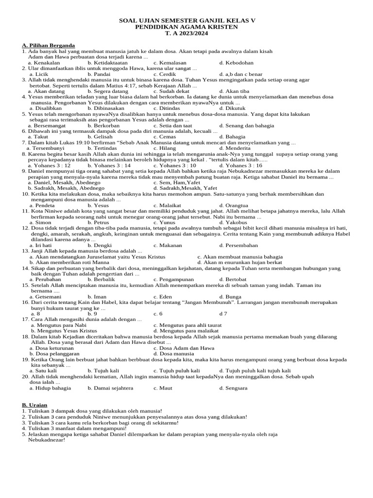 Soal Ujian Agama Kristen Kelas V PDF Soal Ujian Agama Kristen Kelas V PDF