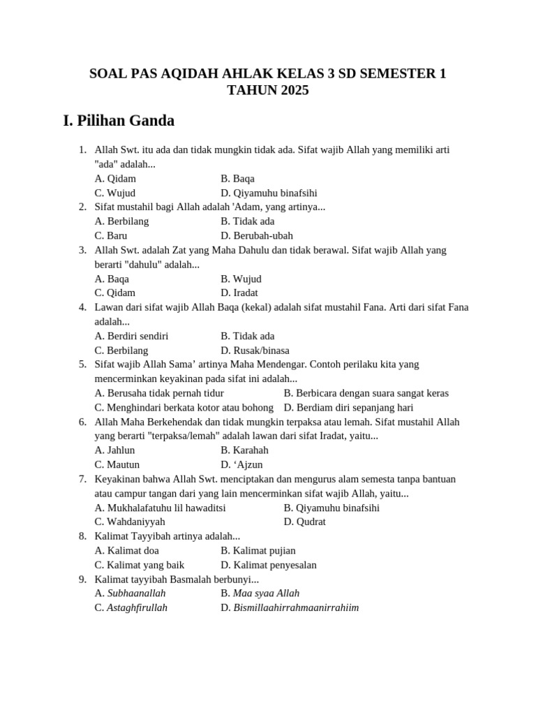 Soal PAS Aqidah Akhlak Kelas 3 SD 2025 PDF Soal PAS Aqidah Akhlak Kelas 3 SD 2025 PDF