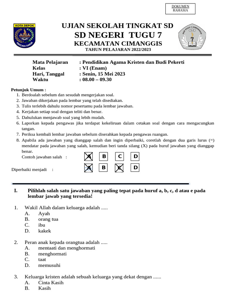 Ujian Agama Kristen Kelas VI SD PDF Ujian Agama Kristen Kelas VI SD PDF