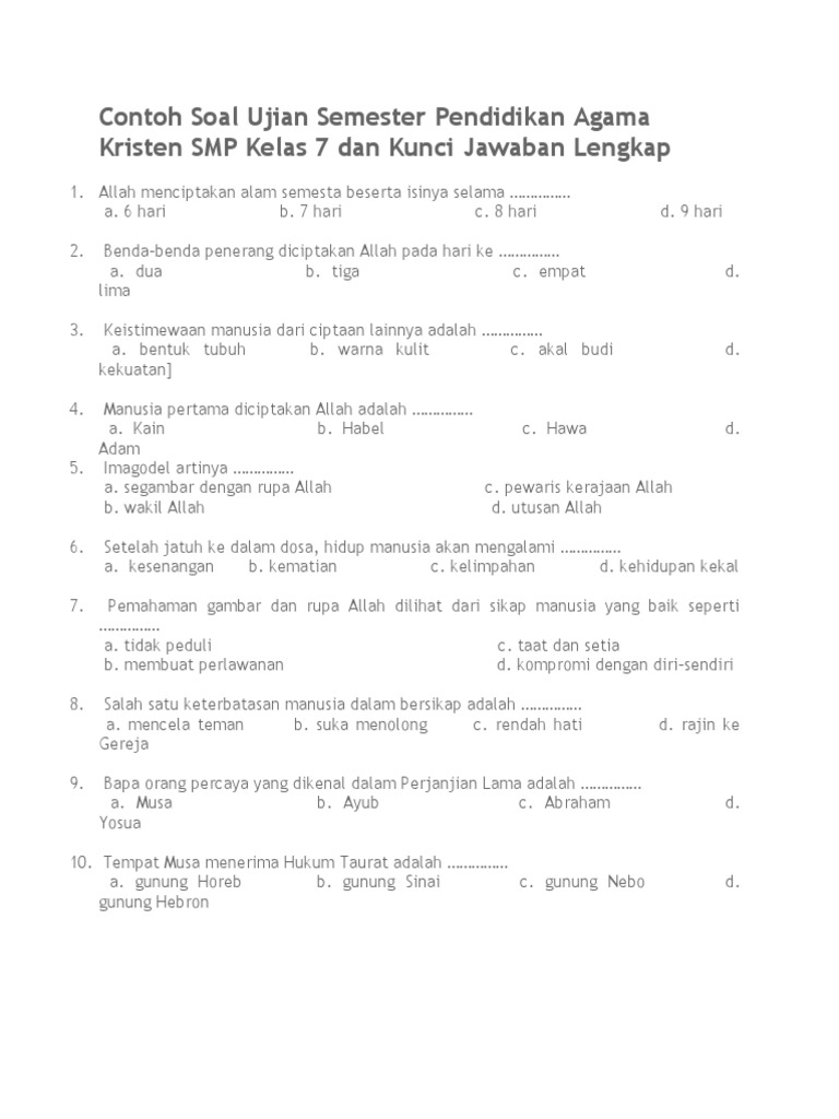 ujian sekolah agama kristen kelas 6