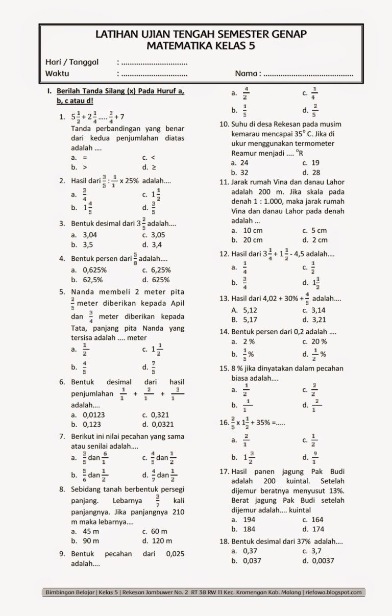5 Bocoran Soal Matematika Kelas 5 SD Semester 1 dan Kunci Jawaban yang Wajib Dikuasai Siswa
