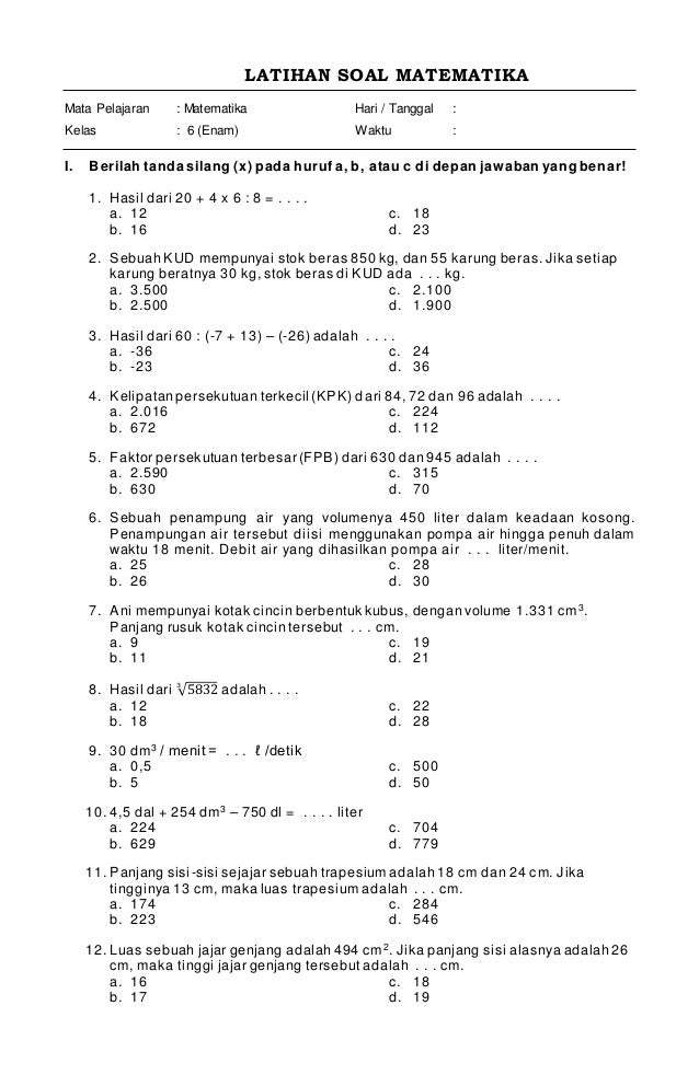 5 Soal Matematika Kelas 6 SD Semester 1 dan Kunci Jawaban Wajib Tahu Agar Tak Gagal Ujian