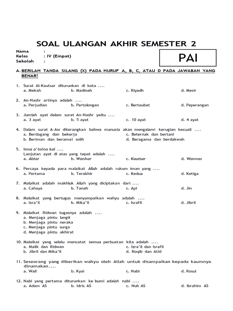 7 Contoh Soal Ulangan PAI Kelas 4 Sekolah Dasar Semester 1 Kurikulum Merdeka 2026 Wajib Tahu