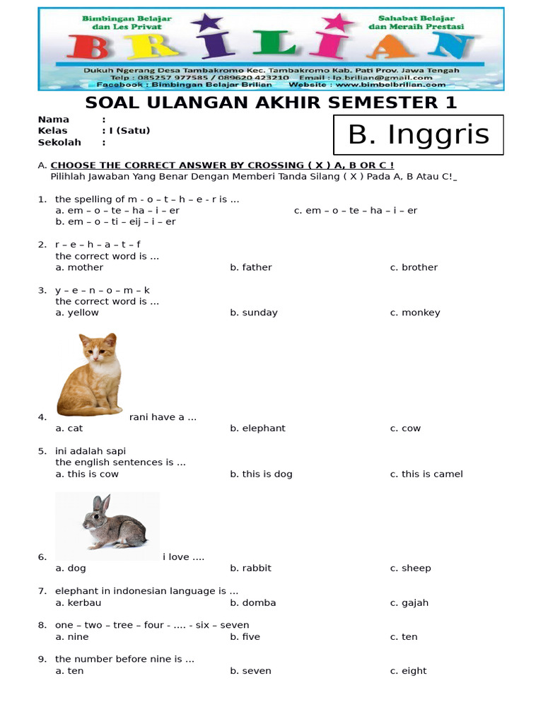 436161495 Soal UAS Bahasa Inggris Kelas 1 SD Semester 1 Ganjil Dan