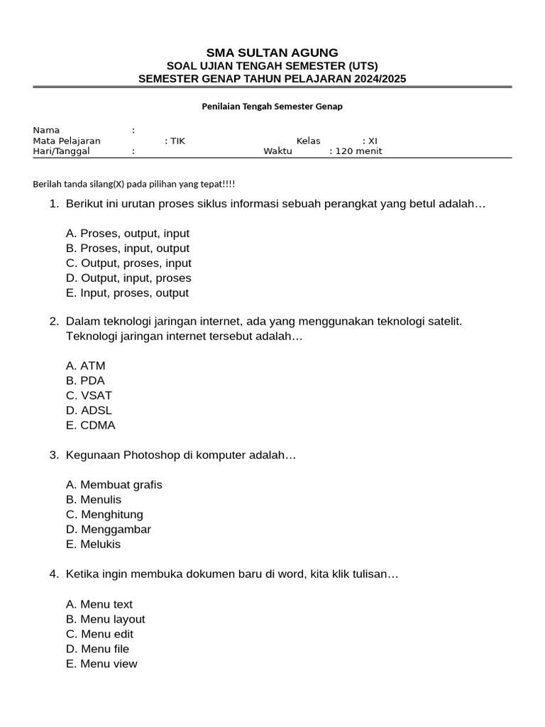 10 Contoh Soal TIK Ulangan Tengah Semeter 1 Kelas XI yang Diketahui Bikin Nilai Melonjak