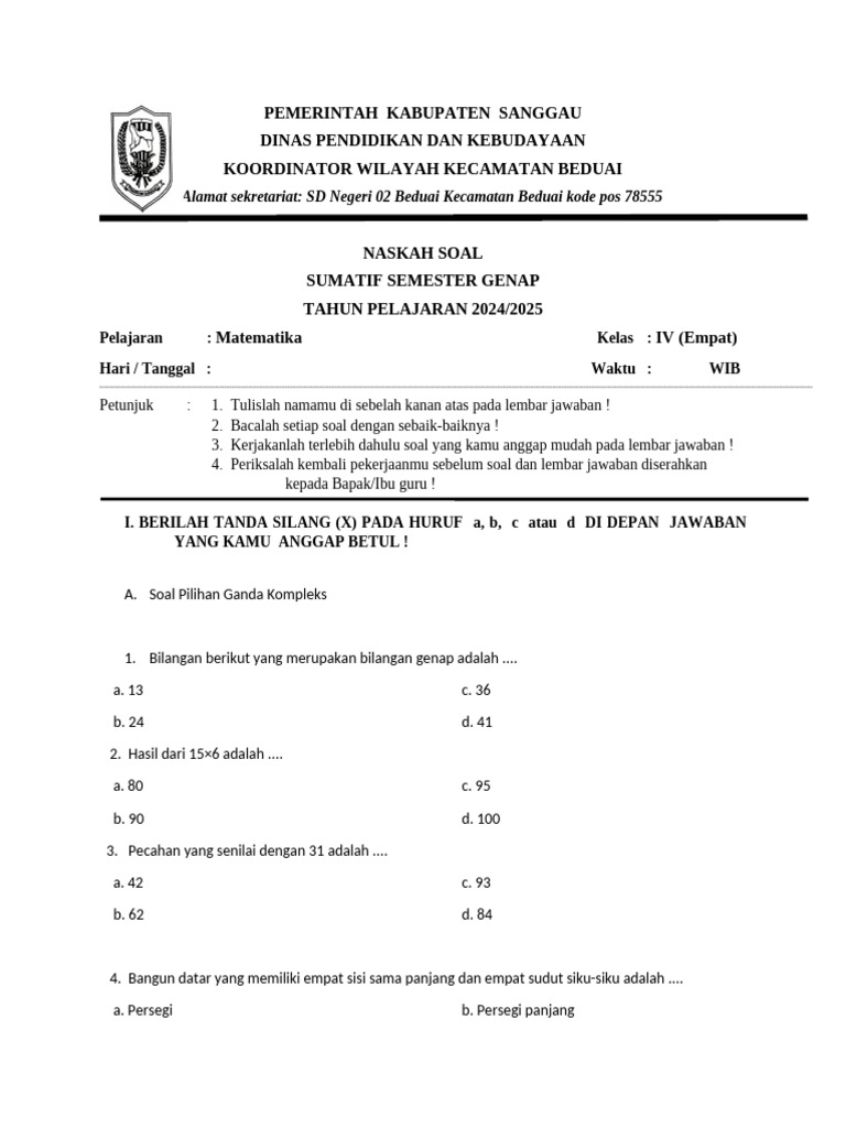 Soal Matematika Kelas IV Semester Genap PDF Soal Matematika Kelas IV Semester Genap PDF