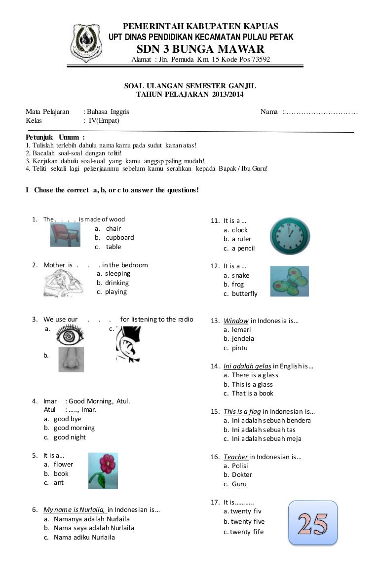 soal latihan bahasa inggris kelas 4