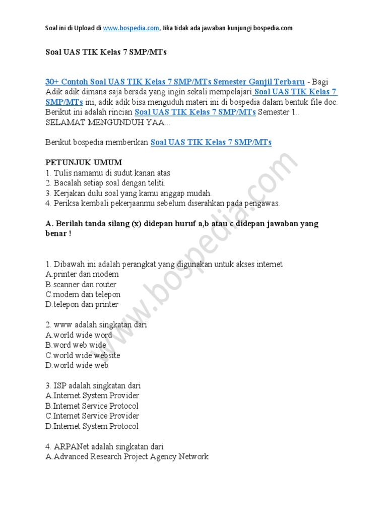 Akhirnya Terungkap! 60 Contoh Soal TIK Semester 1 Kelas 7 Beserta Kunci Jawaban yang Wajib Siswa Kuasai