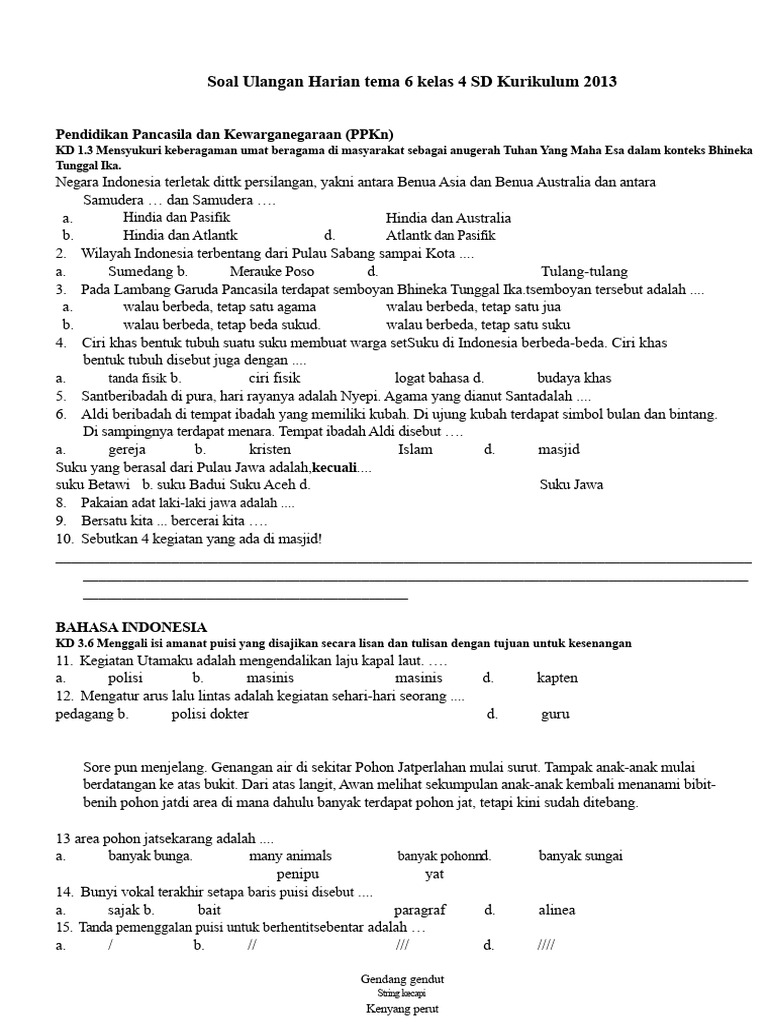 Soal Ulangan Harian Kelas 4 Tema 6 SD PDF Soal Ulangan Harian Kelas 4 Tema 6 SD PDF