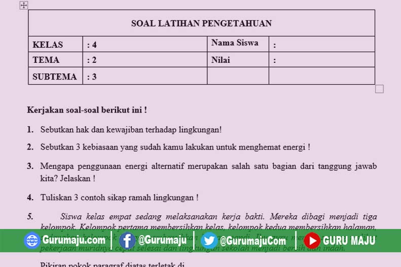 contoh soal tema 2 kelas 4 kurikulum 2013