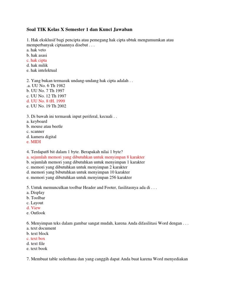 contoh soal tik sma kelas x semester 1