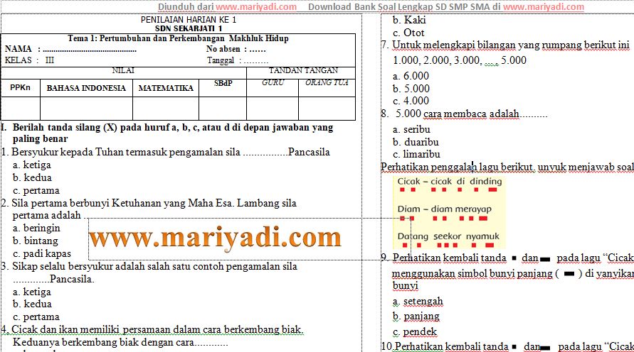 Download soal ujian semester 1 kelas 3 sd kurikulum 2013 persiapan PTS yang Wajib Tahu
