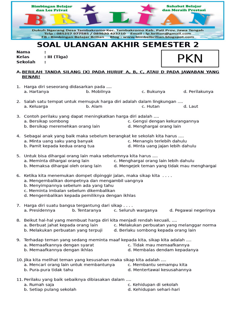 Rahasia Nilai Sempurna Bocoran Soal Sola Ulangan Umum Semester 2 PKN Kelas 3 SD