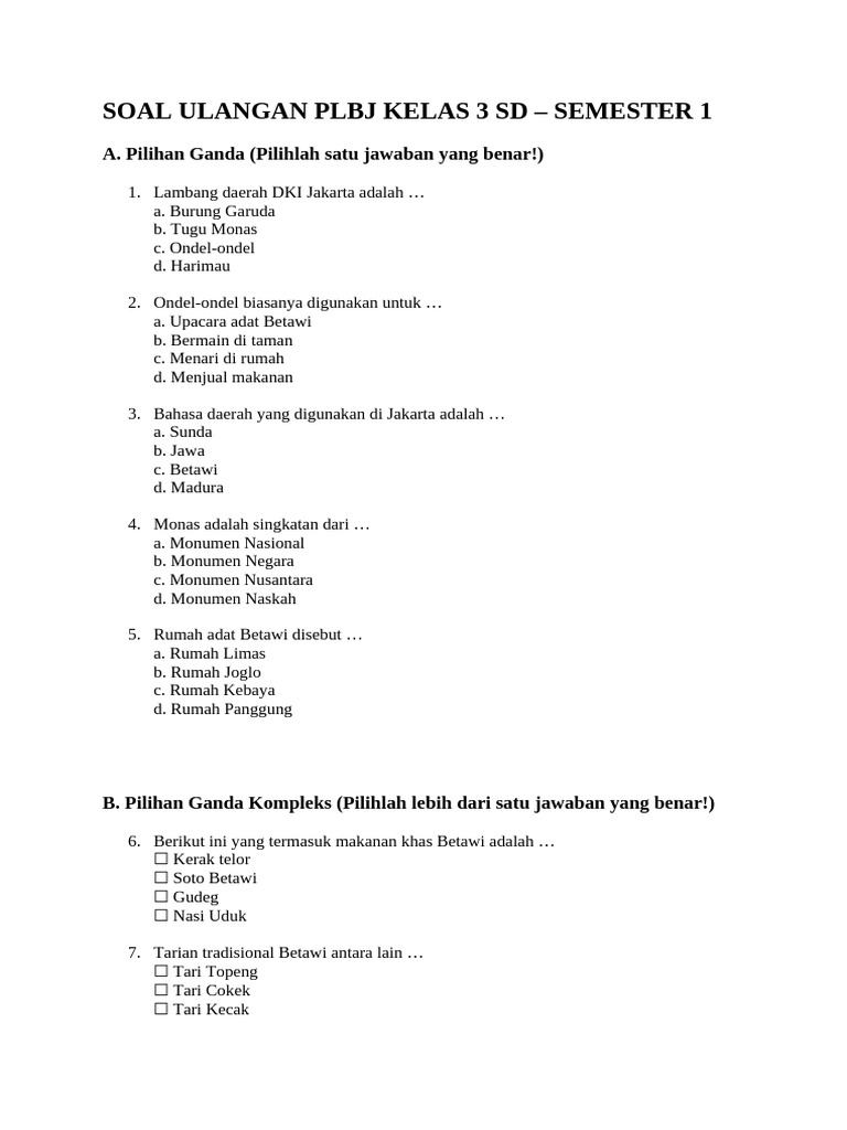 Wajib Tahu Kumpulan soal soal uts kelas 3 sd semester 2 plbj Agar Nilai Anak Maksimal