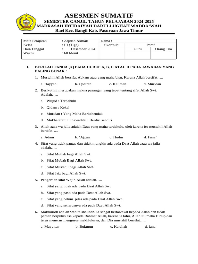 Wajib Tahu! Segera Download Soal UKK Akidah Kelas 3 MI Semester 1 Agar Nilai Maksimal